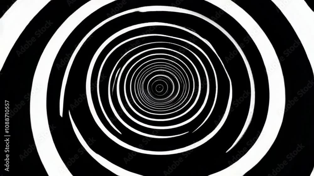 Rotating hypnotic spiral vortex in black and white