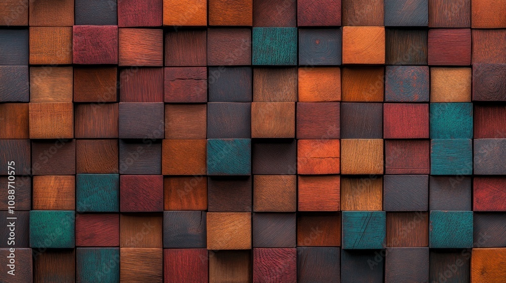 Wooden blocks of different colors and textures arranged in an intricate pattern, creating a vibrant background with a rustic feel. The texture is detailed and textured to mimic the look of aged wood. Wooden blocks of different colors and textures arranged in an intricate pattern, creating a vibrant background with a rustic feel. The texture is detailed and textured to mimic the look of aged wood.