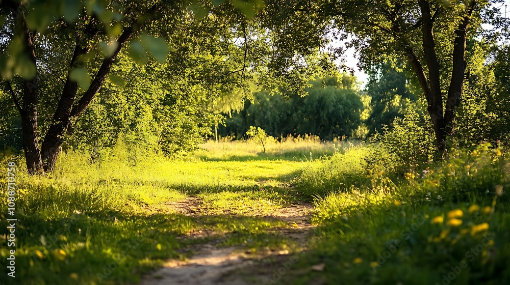 Sunlit Path in Lush Green Forest Sunlit Path in Lush Green Forest