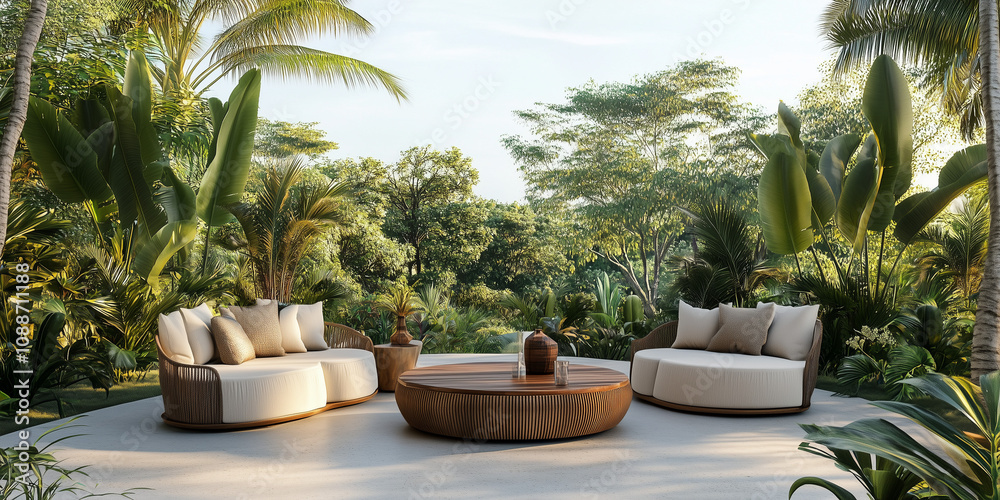 Naklejka premium Elegancka przestrzeń do odpoczynku w tropikalnym ogrodzie, z nowoczesnymi meblami ustawionymi w cieniu palm i otulonymi żywą zielenią.