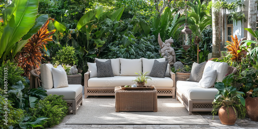 Obraz premium Elegancka przestrzeń do odpoczynku w tropikalnym ogrodzie, z nowoczesnymi meblami ustawionymi w cieniu palm i otulonymi żywą zielenią.