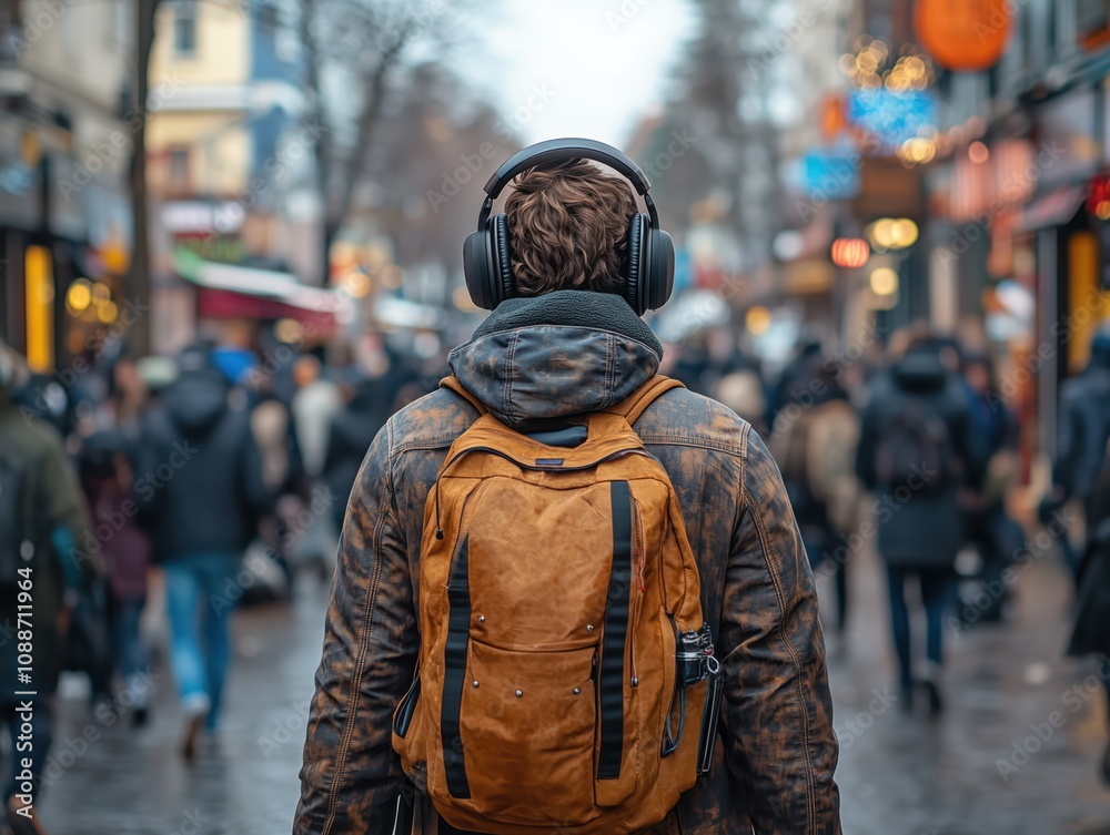 Young man walking down a lively street in the heart of a modern city, listening to music, with headphones and a backpack Young man walking down a lively street in the heart of a modern city, listening to music, with headphones and a backpack