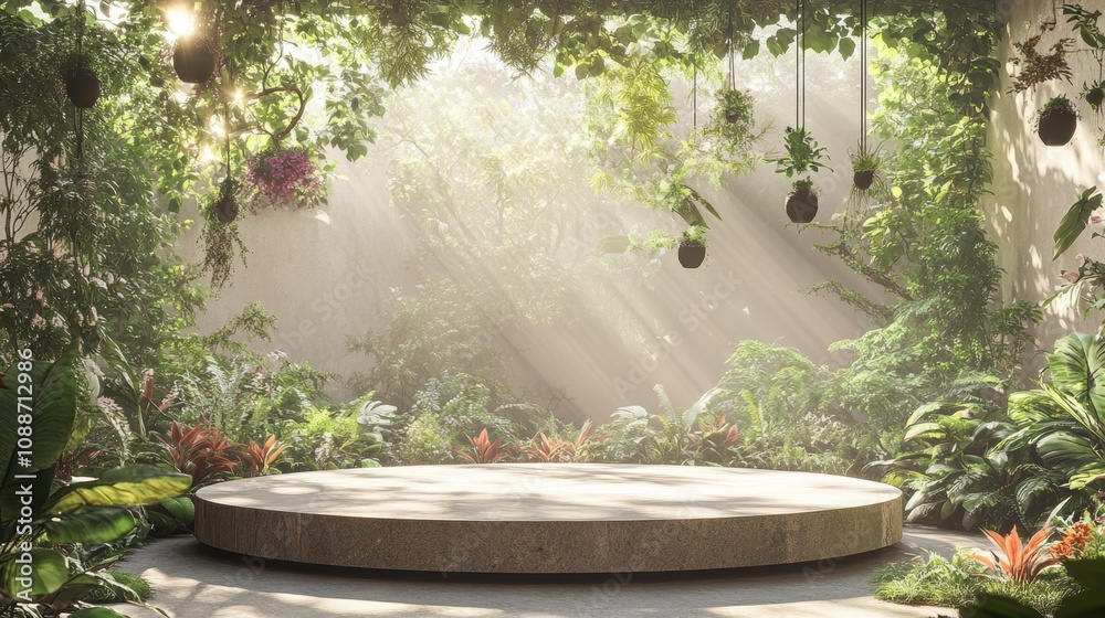 Lush Green Environment with Sunlight Streaming Through Leaves and a Circular Platform in the Center Surrounded by Vibrant Foliage and Hanging Plants Lush Green Environment with Sunlight Streaming Through Leaves and a Circular Platform in the Center Surrounded by Vibrant Foliage and Hanging Plants