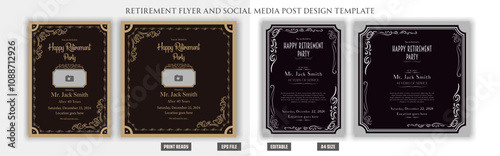 Set of retirement party invitation, square banner, instagram story and a4 poster, vector illustration eps 10 Retirement Party Invitation Layout with Gold Accents.