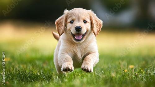 Golden Retriever puppy running in the grass on a sunny day.