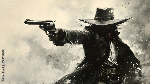 Gunslinger Aims Revolver in Dusty Wild West Showdown