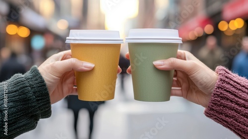 Diverse Groups of Friends Exploring a City concept. Close-up of diverse hands holding coffee cups against a bustling street backdrop, connection in the city