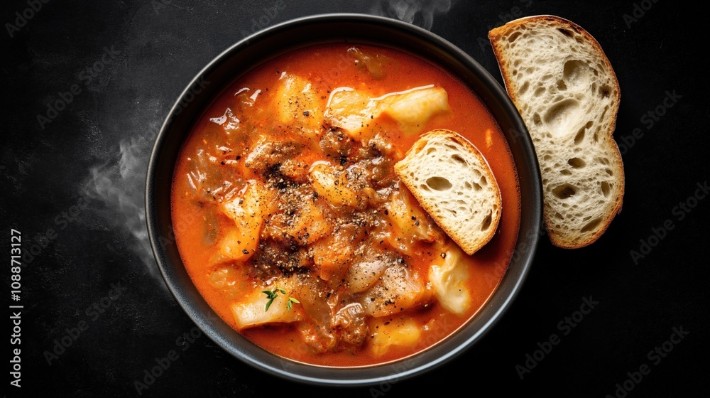 Bowl of hearty cabbage stew with chunks of meat and vegetables, garnished with spices, served with rustic bread slices on a dark background. Bowl of hearty cabbage stew with chunks of meat and vegetables, garnished with spices, served with rustic bread slices on a dark background.