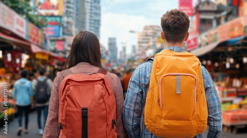 Diverse Groups of Friends Exploring a City concept. Walking past a bustling street market, diverse friends exploring local cultures in an urban setting