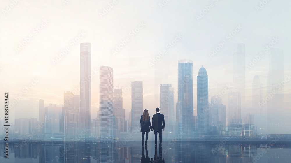 Business Team in Metropolis Skyline with River Reflection Business Team in Metropolis Skyline with River Reflection