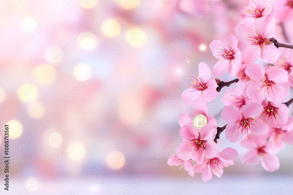 A peach blossom branch in full bloom, adorned with delicate red ribbons and gold coins. Generative AI A peach blossom branch in full bloom, adorned with delicate red ribbons and gold coins. Generative AI