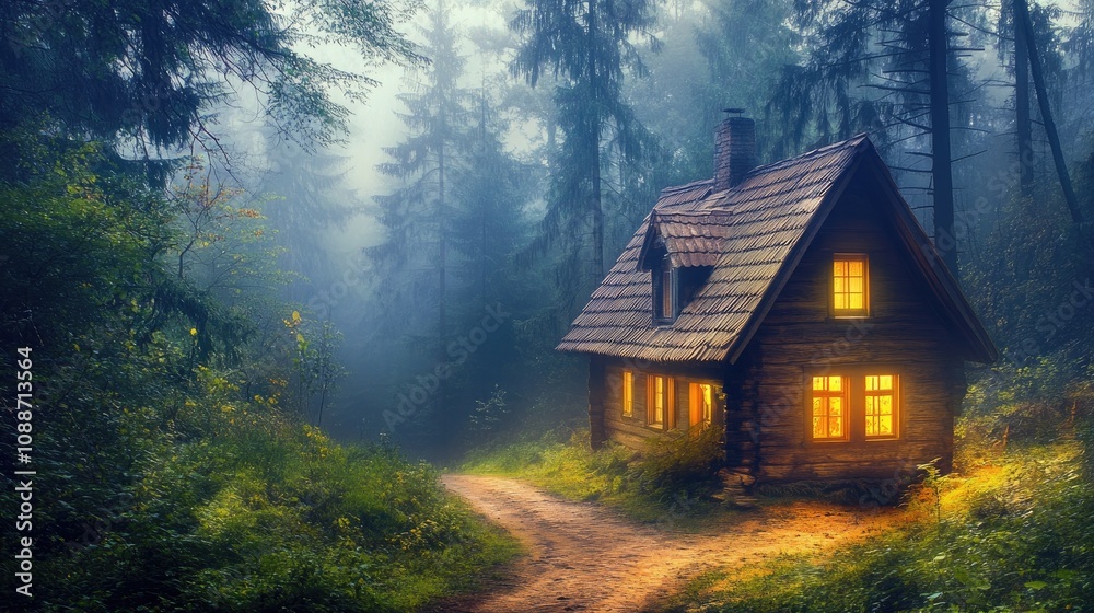 Small forest cabin with steep roof, misty background, warm light inside Small forest cabin with steep roof, misty background, warm light inside