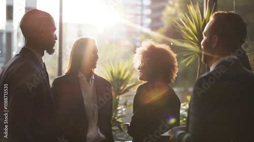 A group of four business people talking and networking.