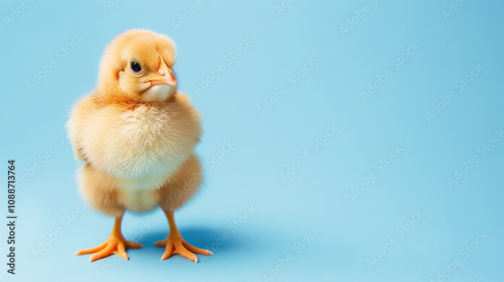 A fluffy yellow baby chick stands on a light blue background. A fluffy yellow baby chick stands on a light blue background.