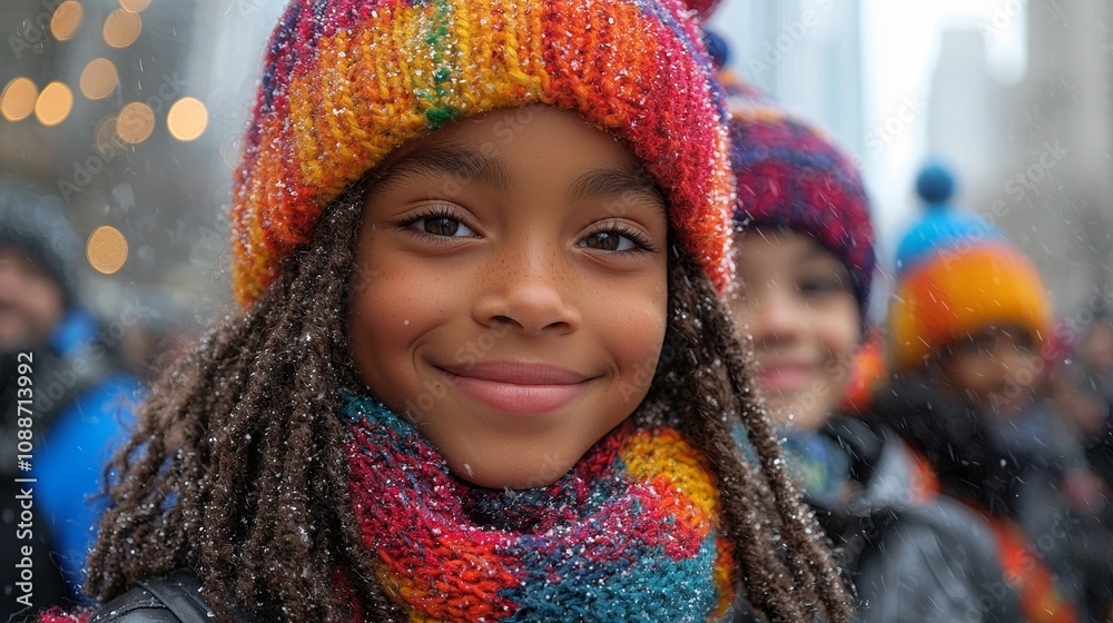 Joyful children smiling in colorful winter hats during a snowy day Joyful children smiling in colorful winter hats during a snowy day