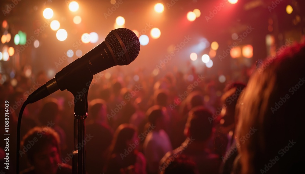 Obraz premium Close-Up of Microphone in Vibrant Performance Space, Ideal for Music Events, Live Performances, and Artistic Promotions.