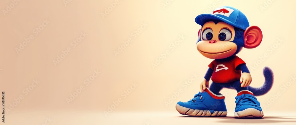 A cheerful cartoon monkey character wearing a cap and sneakers, standing playfully. A cheerful cartoon monkey character wearing a cap and sneakers, standing playfully.