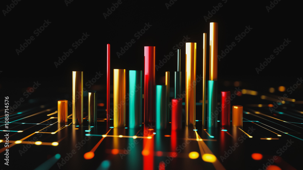 Abstract black background with 3D Colorful charts and graphs with statistics to innovative analyze business potential and forecast future development of companies growth. Abstract black background with 3D Colorful charts and graphs with statistics to innovative analyze business potential and forecast future development of companies growth.