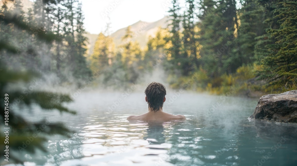 Serene figure relaxing in a steaming natural hot spring surrounded by trees. Serene figure relaxing in a steaming natural hot spring surrounded by trees.