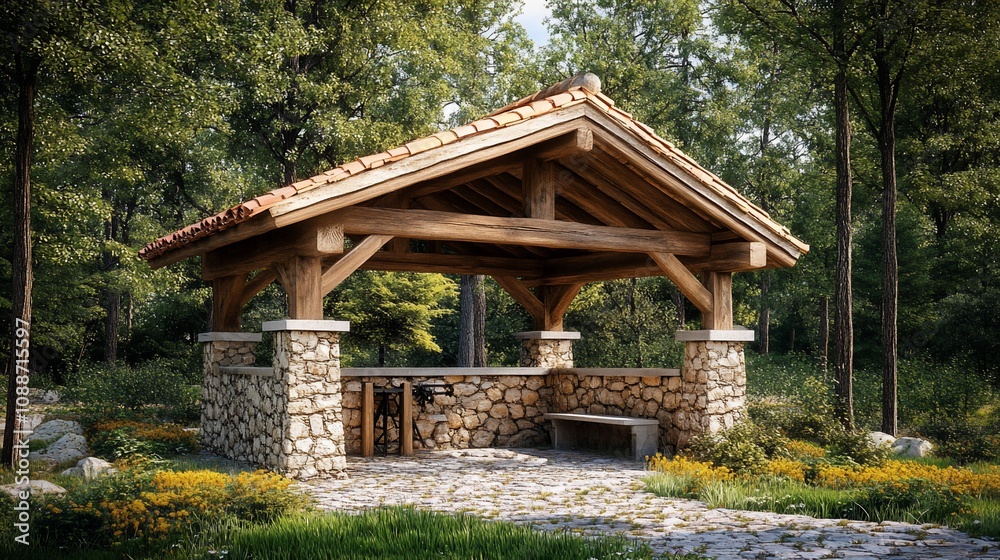 Rustic wooden and stone shelter in a forest. Rustic wooden and stone shelter in a forest.