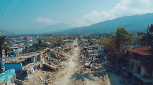 Devastating aftermath of an earthquake, showing communities in ruins and recovery efforts photo