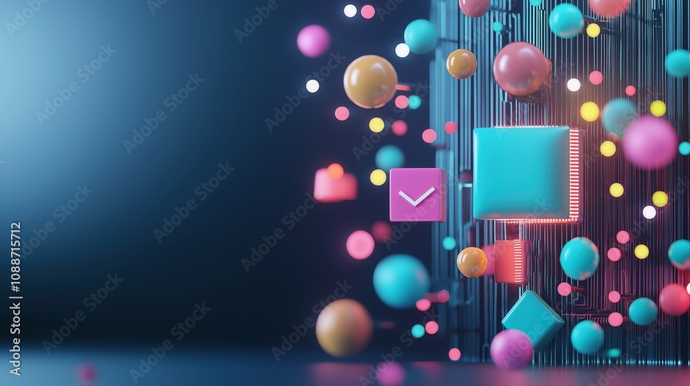Futuristic digital interface with colorful cubes and spheres floating in blue light, abstract technology concept with geometric shapes and dynamic movement Futuristic digital interface with colorful cubes and spheres floating in blue light, abstract technology concept with geometric shapes and dynamic movement