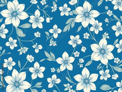 Blue floral pattern featuring intricate white flowers with delicate details and soft shading, ornate patterns, elegant look