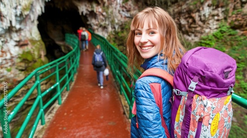 Smiling hiker on a path leading into a cave surrounded by nature.