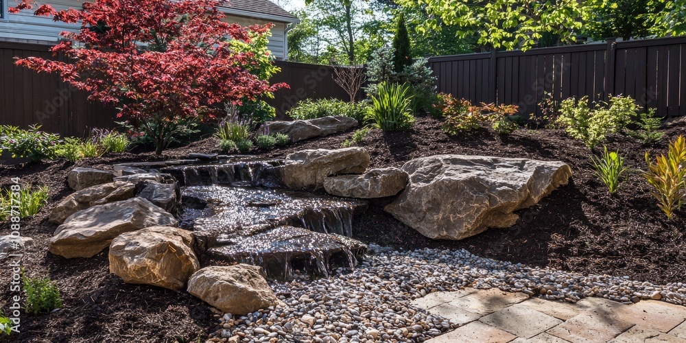 Obraz premium A completed landscape design project featuring beautiful outdoor gardens and features.