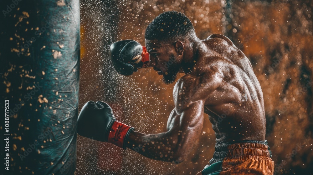 A boxer training vigorously with sweat and determination. A boxer training vigorously with sweat and determination.