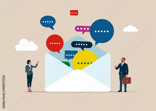 Discussion, conversation, meeting, team communication. Business team open mail to see speech bubbles. Flat vector illustration.