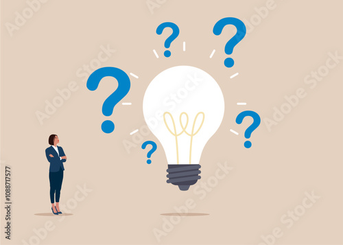 Glowing light bulb with question marks. Solve business problem or creativity thinking. Flat vector illustration