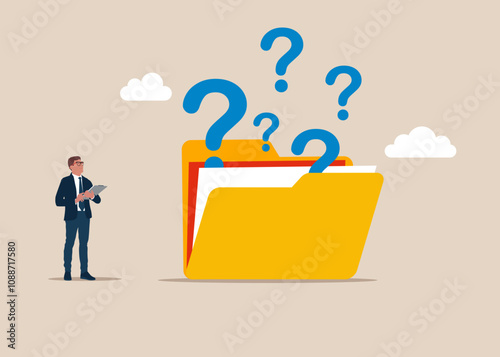 Businessman looking on folder with question marks. Thinking of who what where when why and how. 5w1h asking questions for solution to solve problem, business analysis to new idea. 