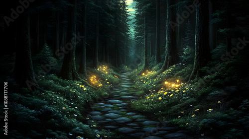 Enchanted Forest Path: Glowing Flowers, Mystical Night