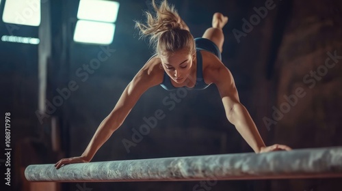 Athlete performing on a gymnastic balance beam in a dramatic setting.