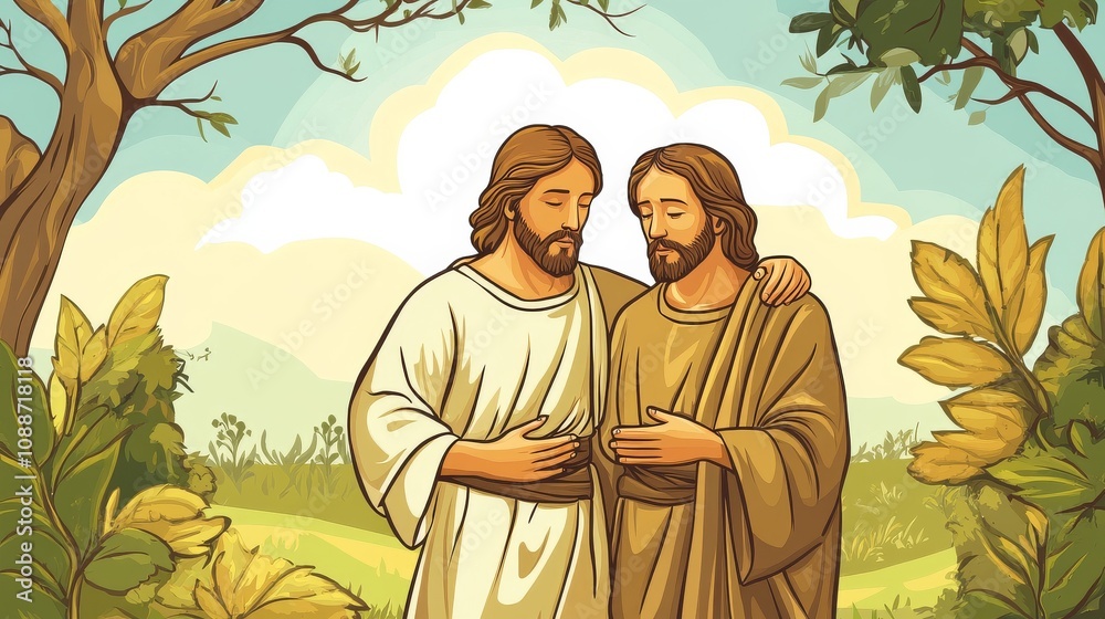 Fototapeta premium Jesus Two men in white and brown robes are holding hands and looking at each other
