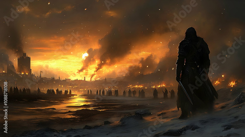 Warrior Watches City Burn at Sunset: Epic Fantasy Battle Scene photo