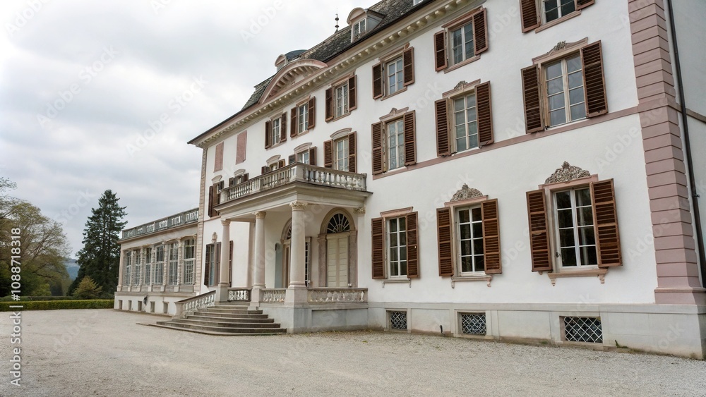 Historic estate with a elegant white facade, stately brown shutters, and delicate pink trim around the windows, classic style, exterior design, historic estate, white facade Historic estate with a elegant white facade, stately brown shutters, and delicate pink trim around the windows, classic style, exterior design, historic estate, white facade