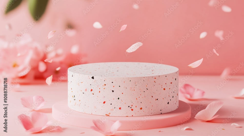 Minimalist Cake on Pink Surface Surrounded by Delicate Petals and Floral Elements in a Soft, Dreamy Atmosphere for Celebratory Events or Photography Sessions Minimalist Cake on Pink Surface Surrounded by Delicate Petals and Floral Elements in a Soft, Dreamy Atmosphere for Celebratory Events or Photography Sessions