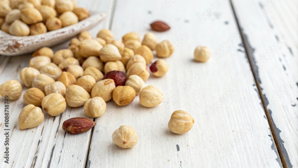 peeled hazelnuts on a white wooden background isolate, edible, snack peeled hazelnuts on a white wooden background isolate, edible, snack