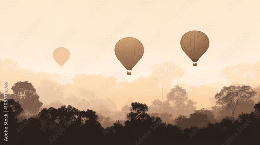 Fototapeta premium Three hot air balloons soar over a misty forest.