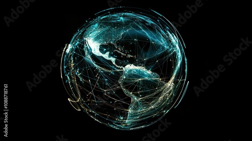 A conceptual global digital abstract image featuring a globe with interconnected lines and data points