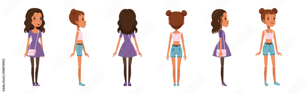 Teen Girl Character Creation Stand Front and Back Pose Vector Set Teen Girl Character Creation Stand Front and Back Pose Vector Set
