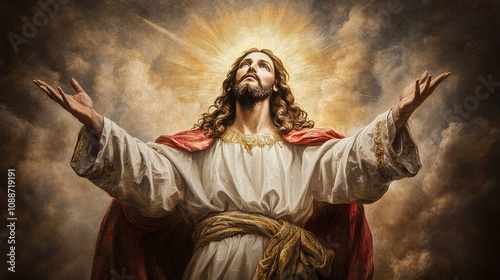 Jesus A painting of Jesus Christ with his arms raised in the air