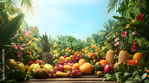 A Bright and Vibrant Array of Tropical Fruits Elegantly Displayed on a Wooden Table in a Flourishing Natural Environment