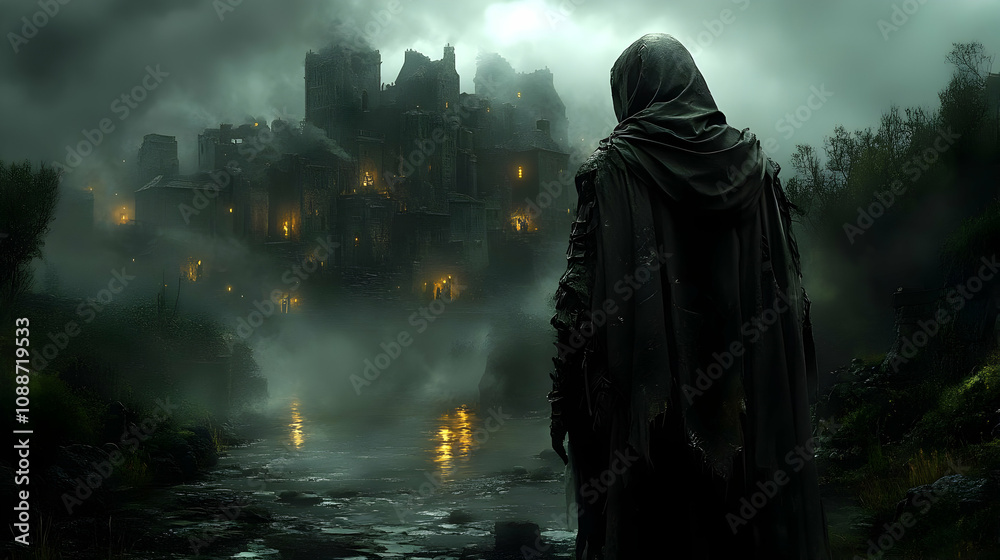 Dark Figure Observes Ancient Foggy Castle by River at Night Dark Figure Observes Ancient Foggy Castle by River at Night