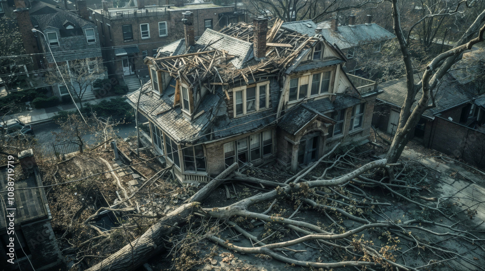 A large suburban house with a collapsed roof and a massive tree fallen on it, depicting the aftermath of a destructive storm in a quiet neighborhood. Ideal for disaster and insurance concepts A large suburban house with a collapsed roof and a massive tree fallen on it, depicting the aftermath of a destructive storm in a quiet neighborhood. Ideal for disaster and insurance concepts