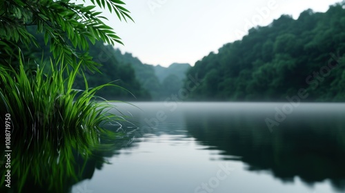 Serene lake surrounded by lush greenery and misty mountains.