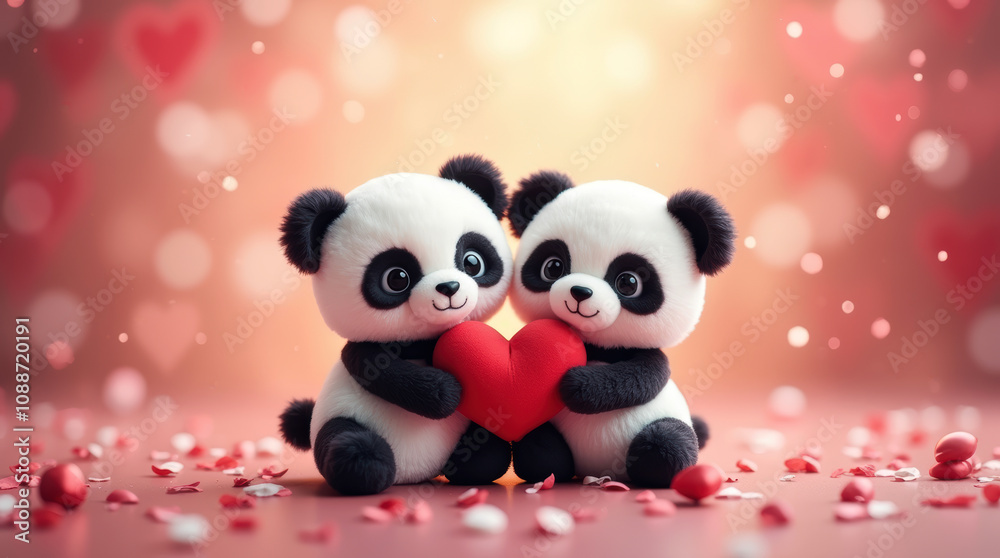 Obraz premium Romantic Valentine Scene with Cute Plush Pandas and Space for Text