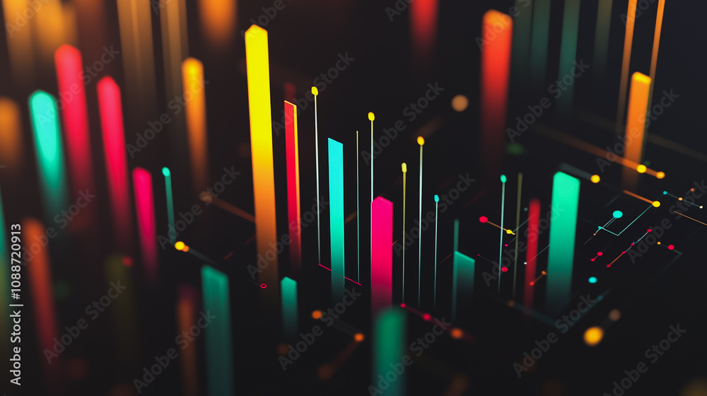 Abstract black background with 3D Colorful charts and graphs with statistics to innovative analyze business potential and forecast future development of companies growth.